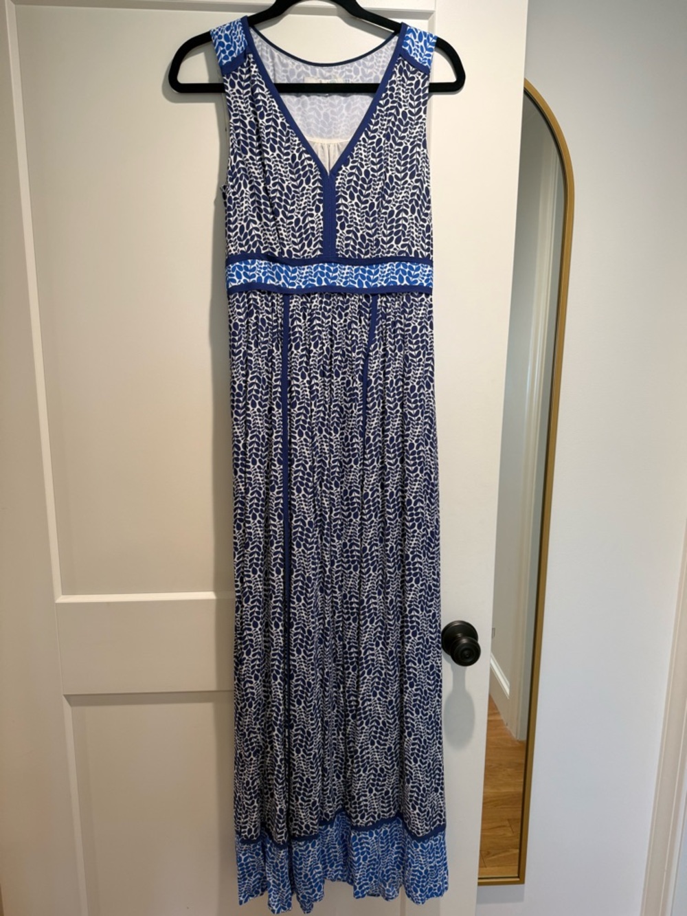 Boden Navy and White Printed V-Neck Maxi with Cobalt Trim